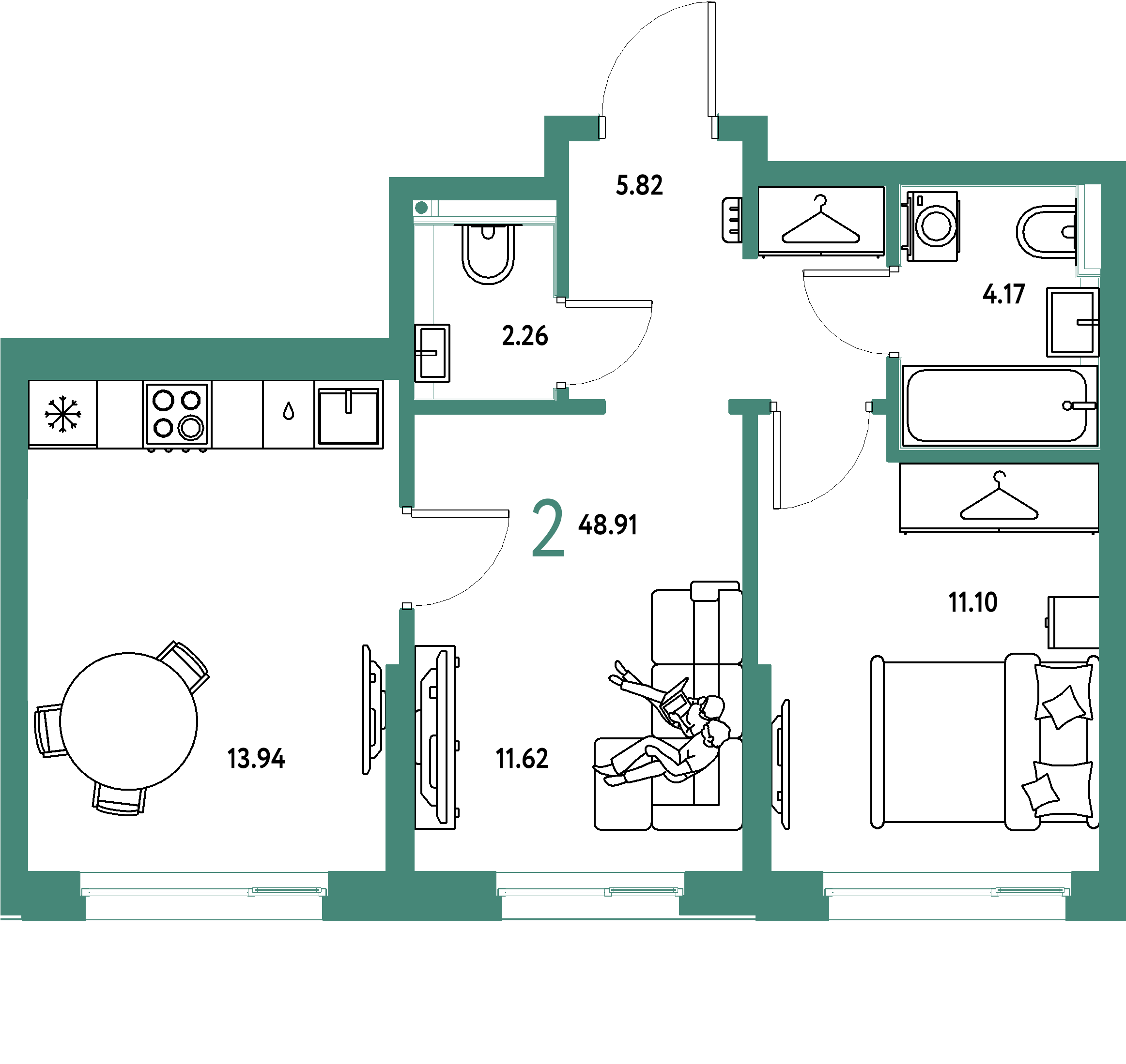 Планировка: 2-комнатная 48,91 м² в ЖК «Страна.Прибрежная»