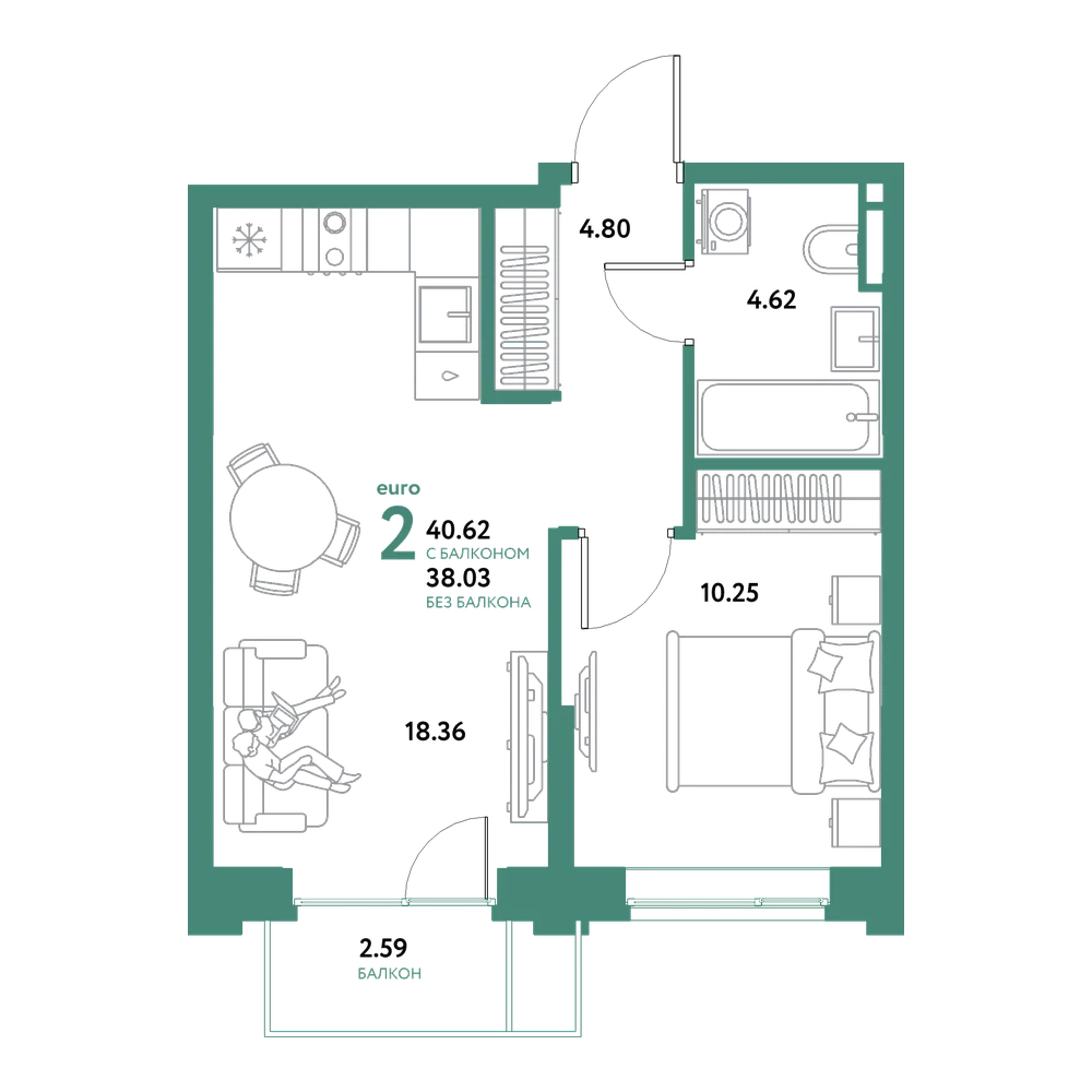 Планировка: Евродвушка 40,62 м²