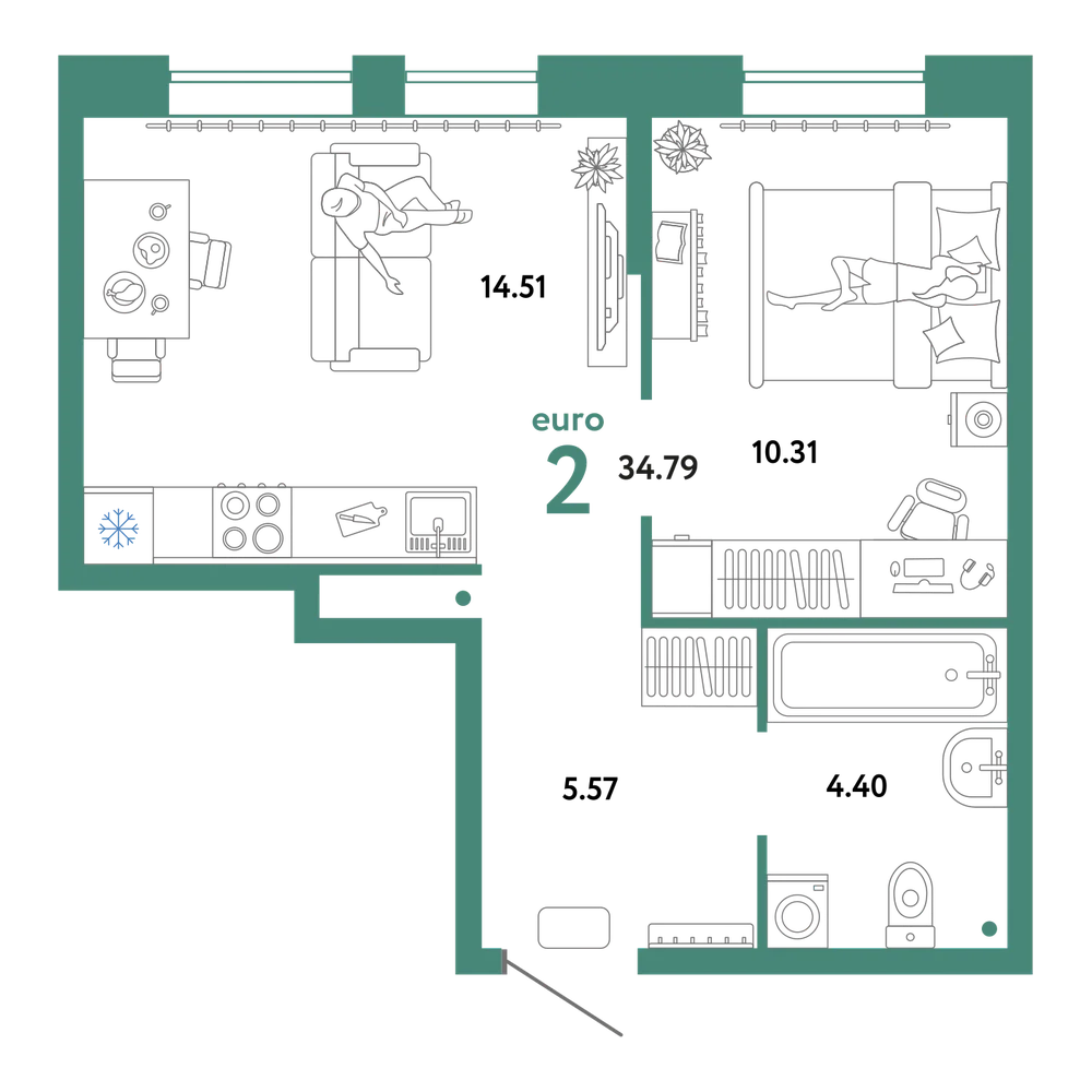 Планировка: Евродвушка 34,79 м²