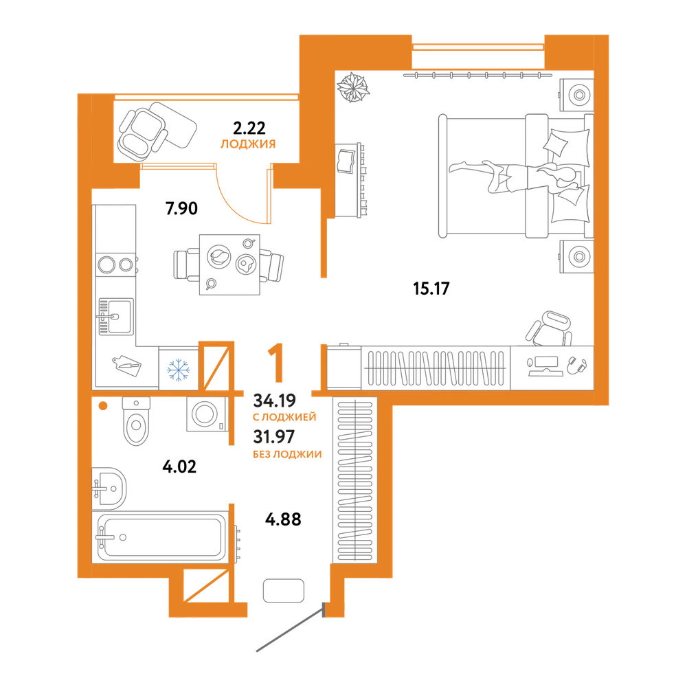 Планировка: 1-комнатная 34,19 м²