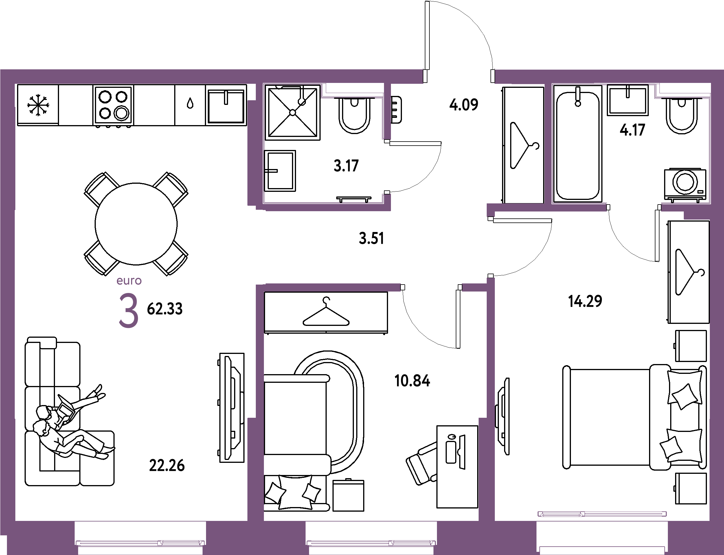 Планировка: Евротрёшка 62,33 м² в ЖК «Европейский берег 2.0»