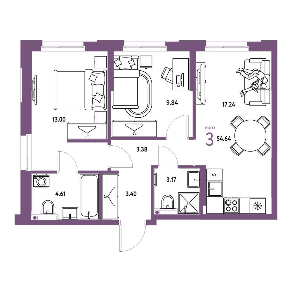 Планировка: Евротрёшка 54,64 м²