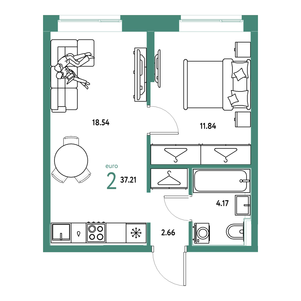 Планировка: Евродвушка 37,21 м²