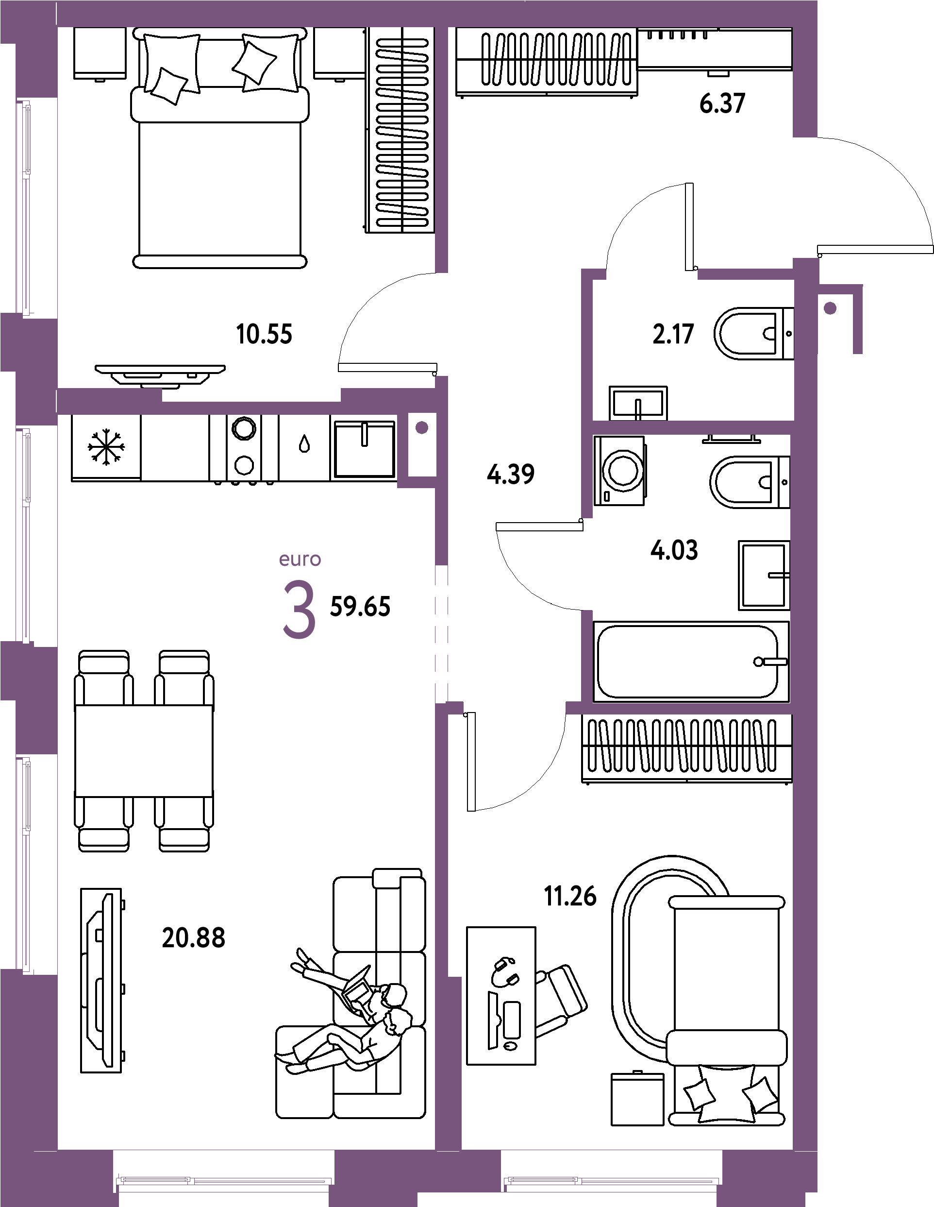 Планировка: Евротрёшка 59,65 м² в ЖК «Домашний»