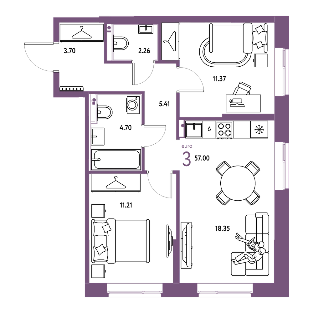 Планировка: Евротрёшка 57 м²
