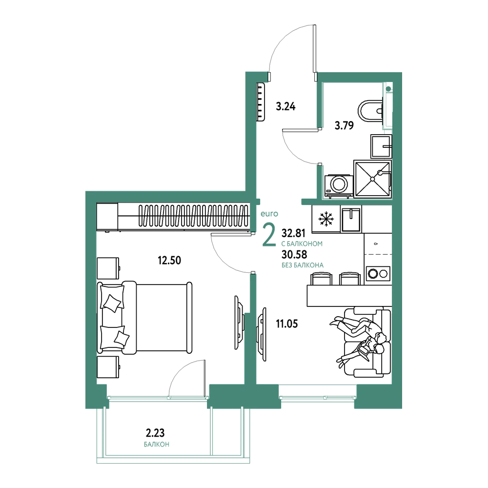 Планировка: Евродвушка 32,81 м²