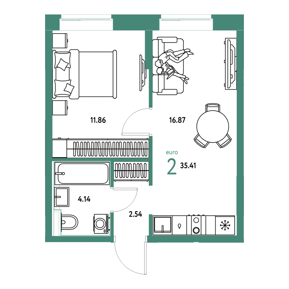 Планировка: Евродвушка 35,41 м²