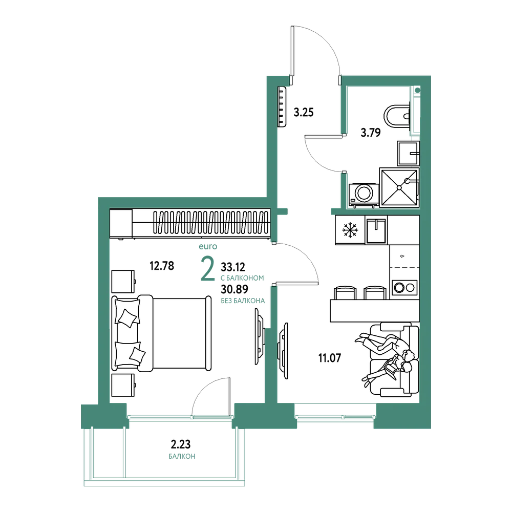 Планировка: Евродвушка 33,12 м²