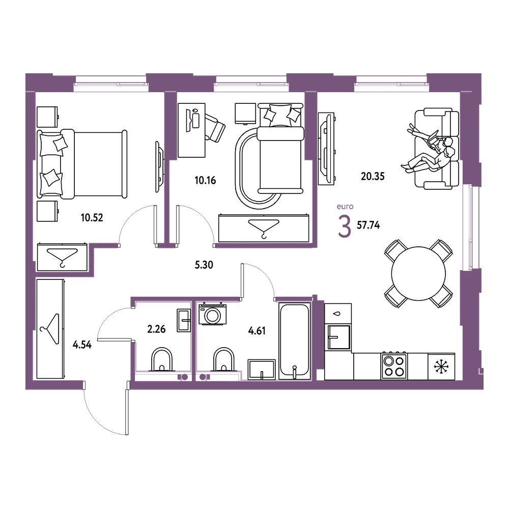 Планировка: Евротрёшка 57,74 м²