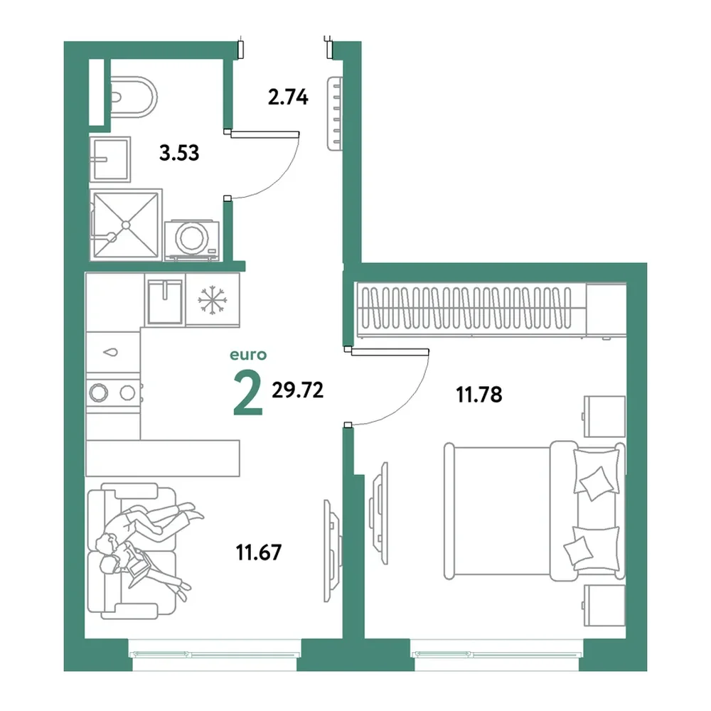 Планировка: Евродвушка 29,72 м²