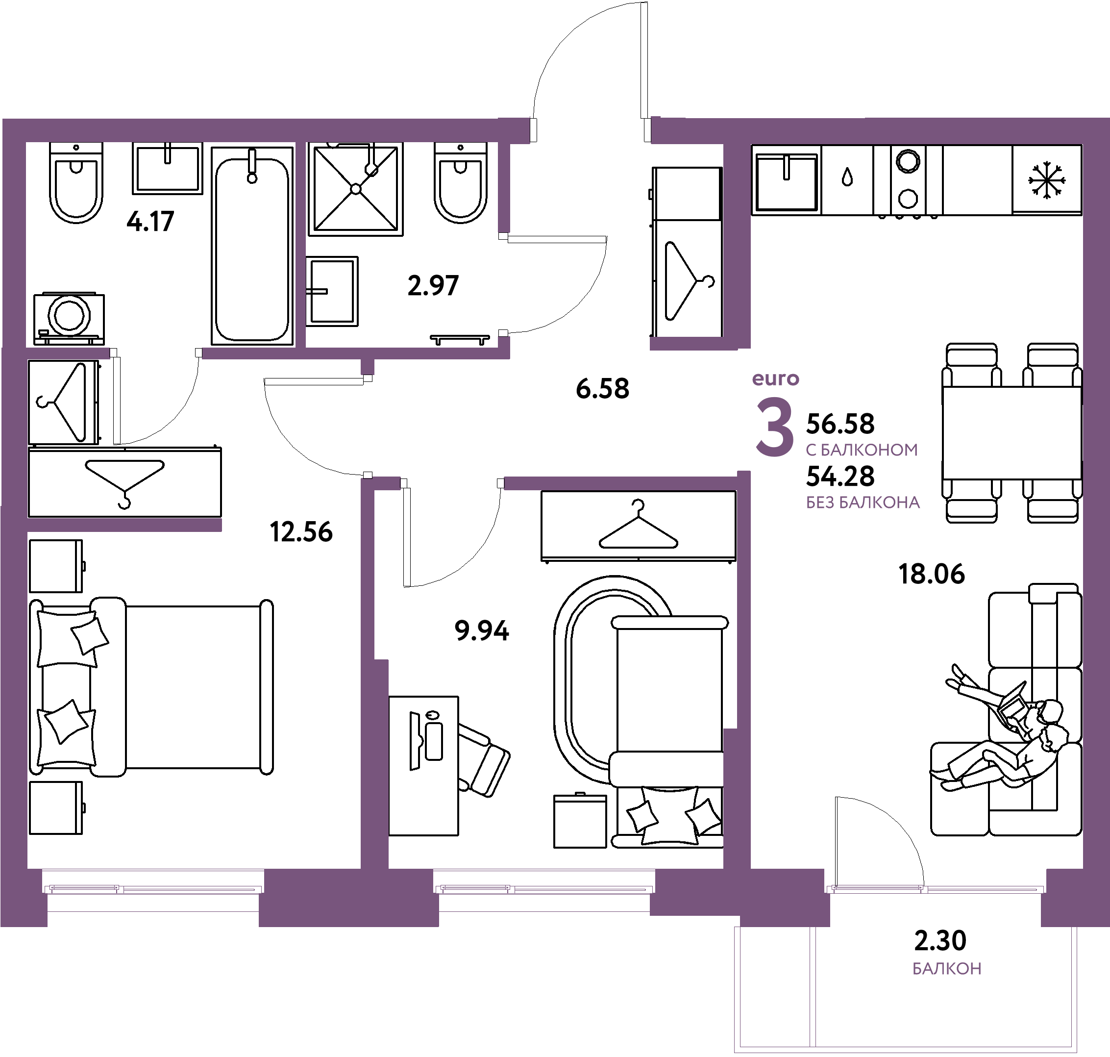 Планировка: Евротрёшка 56,58 м² в ЖК «Европейский берег 2.0»