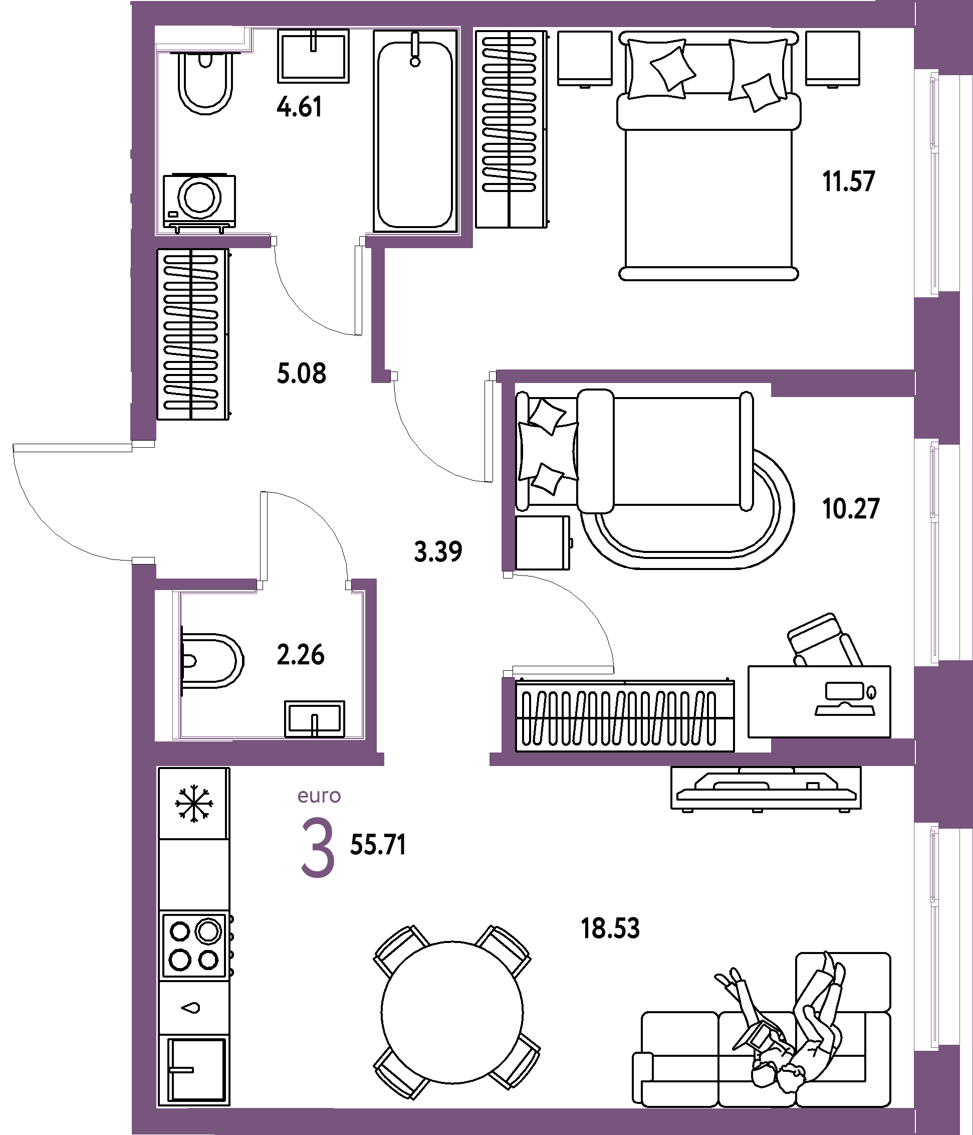 Планировка: Евротрёшка 55,71 м² в ЖК «Домашний»