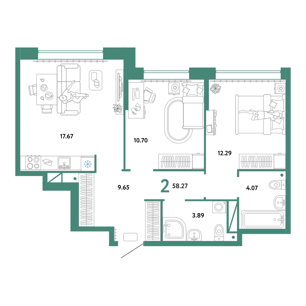 Планировка: 2-комнатная 58,27 м²
