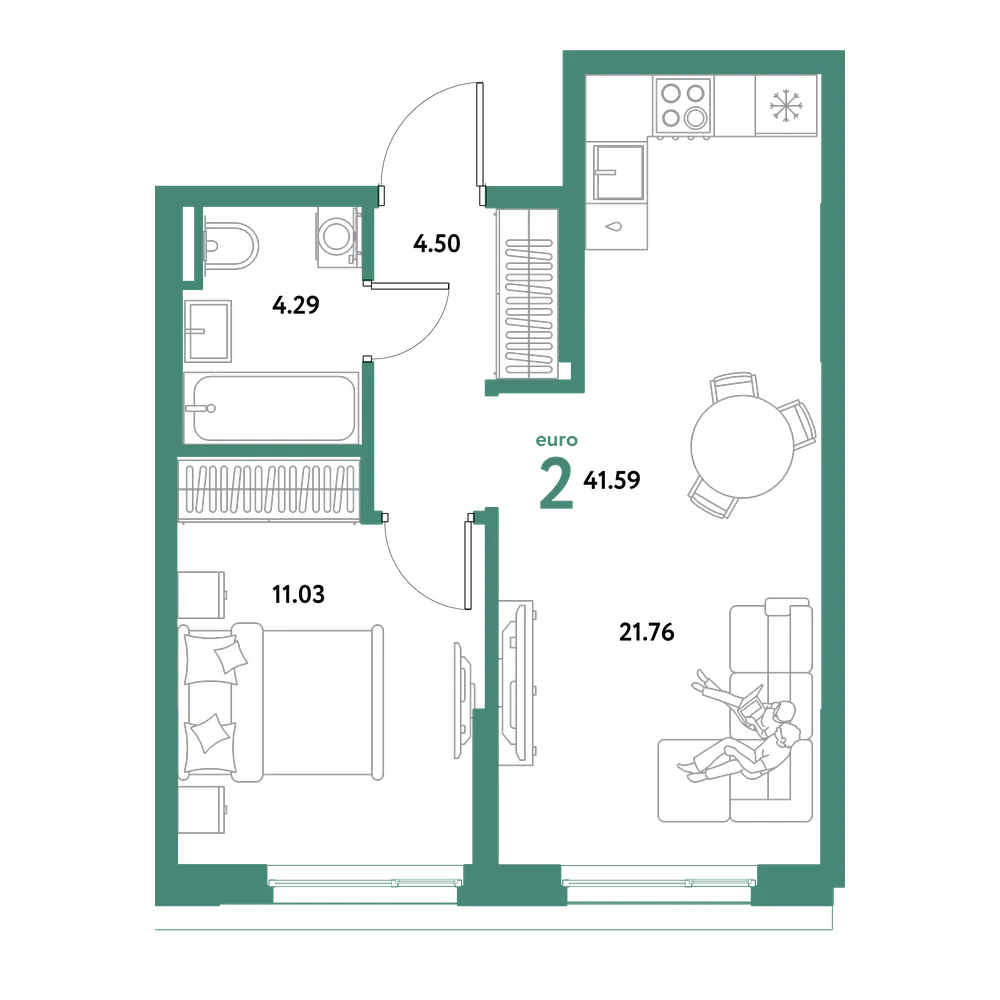 Планировка: Евродвушка 41,59 м²