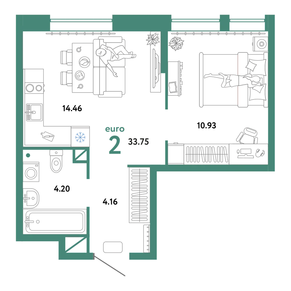 Планировка: Евродвушка 33,75 м²