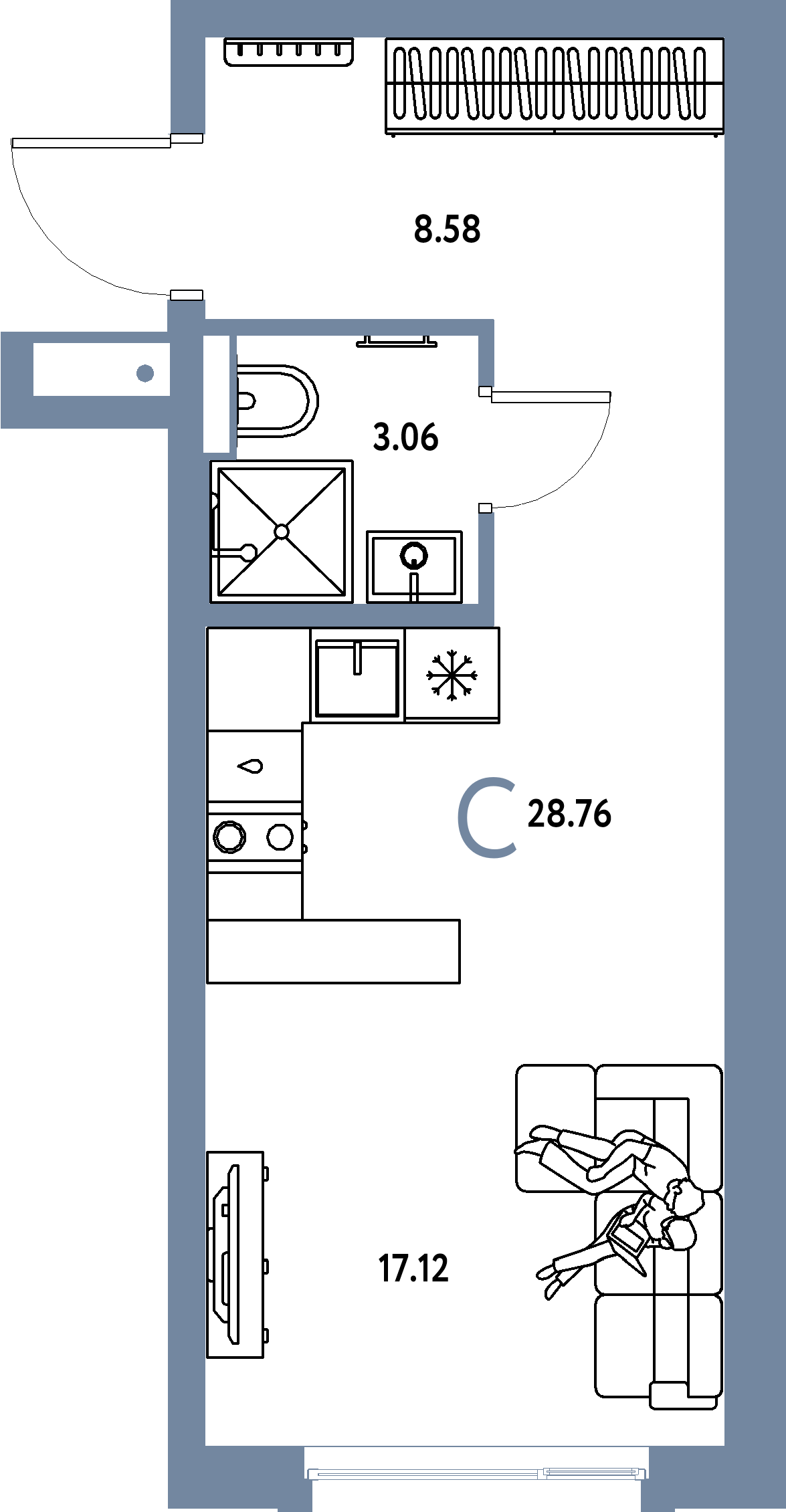 Планировка: Студия 28,76 м² в ЖК «Авторский»