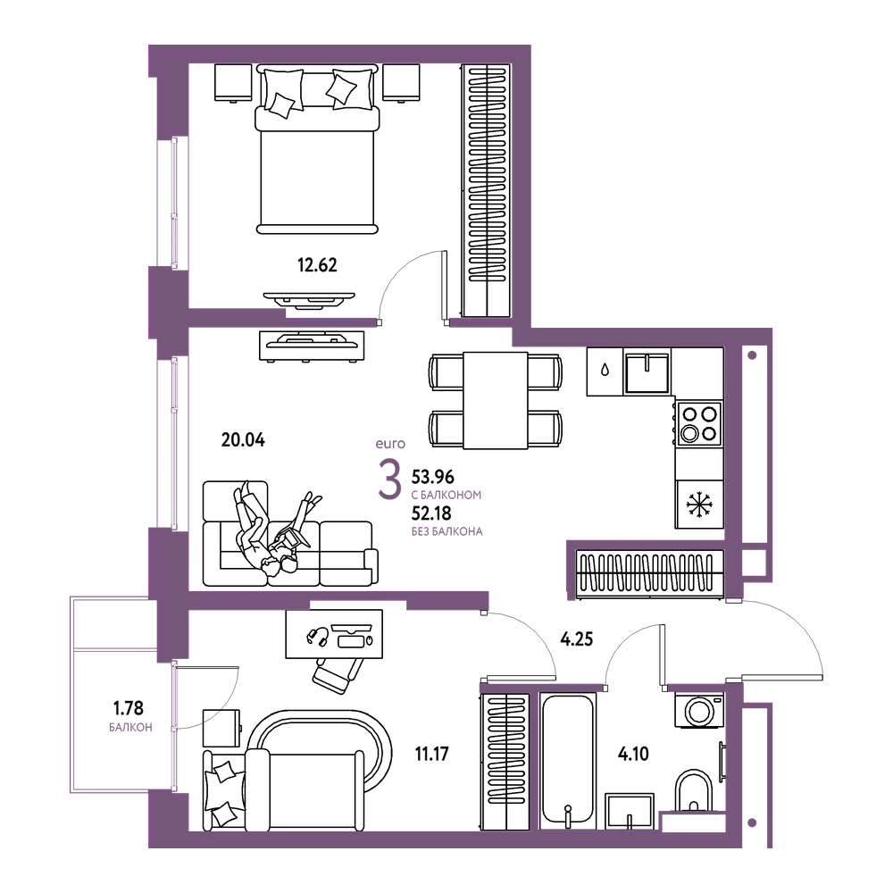 Планировка: Евротрёшка 53,96 м²