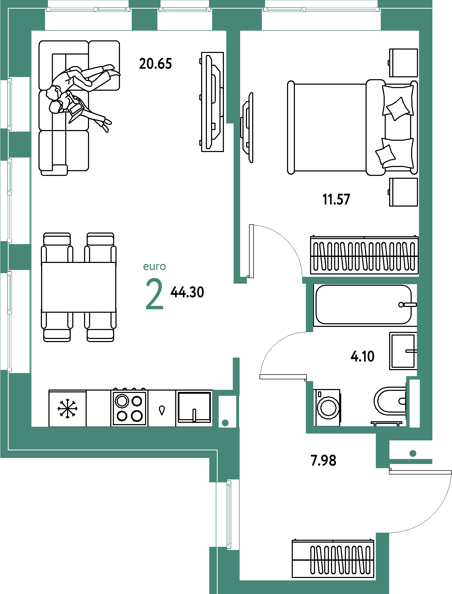 Планировка: Евродвушка 44,3 м² в ЖК «Домашний»