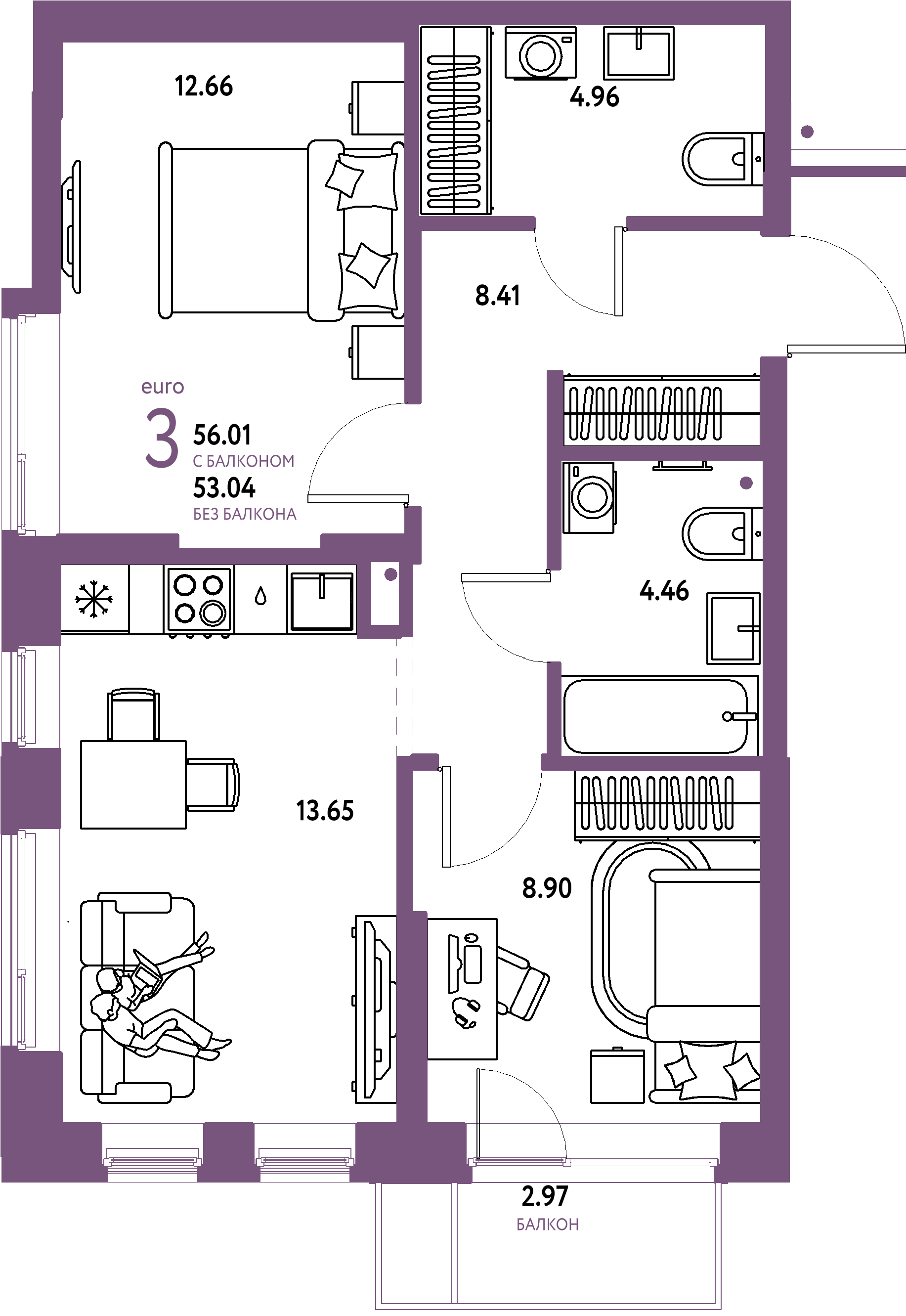 Планировка: Евротрёшка 56,01 м² в ЖК «Домашний»