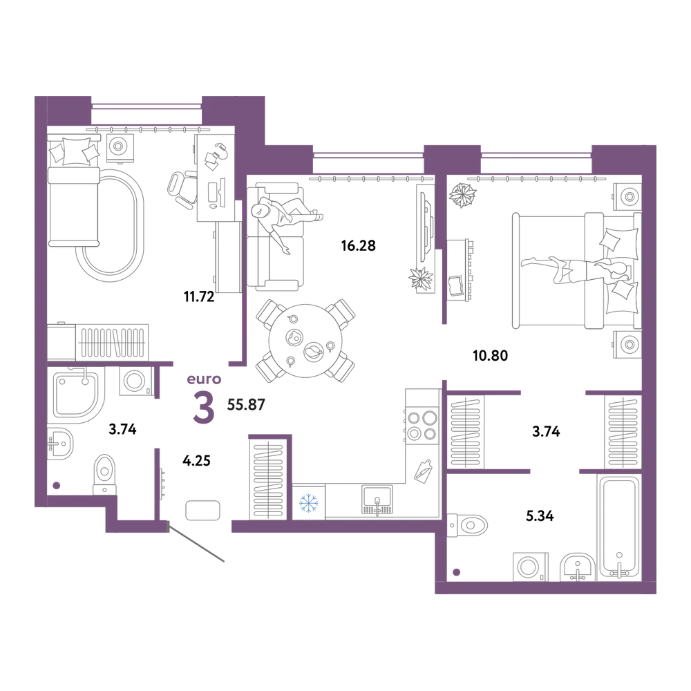 Планировка: 3-комнатная 55,87 м²