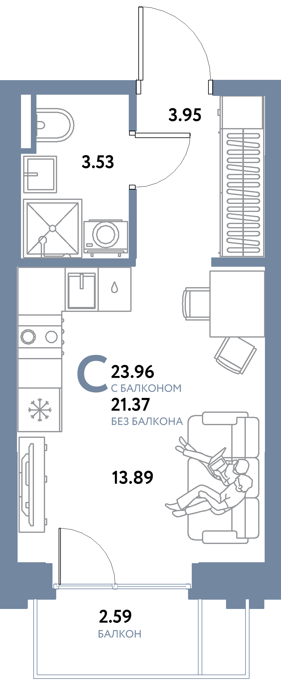 Планировка: Студия 23,96 м² в ЖК «Остров-сад»