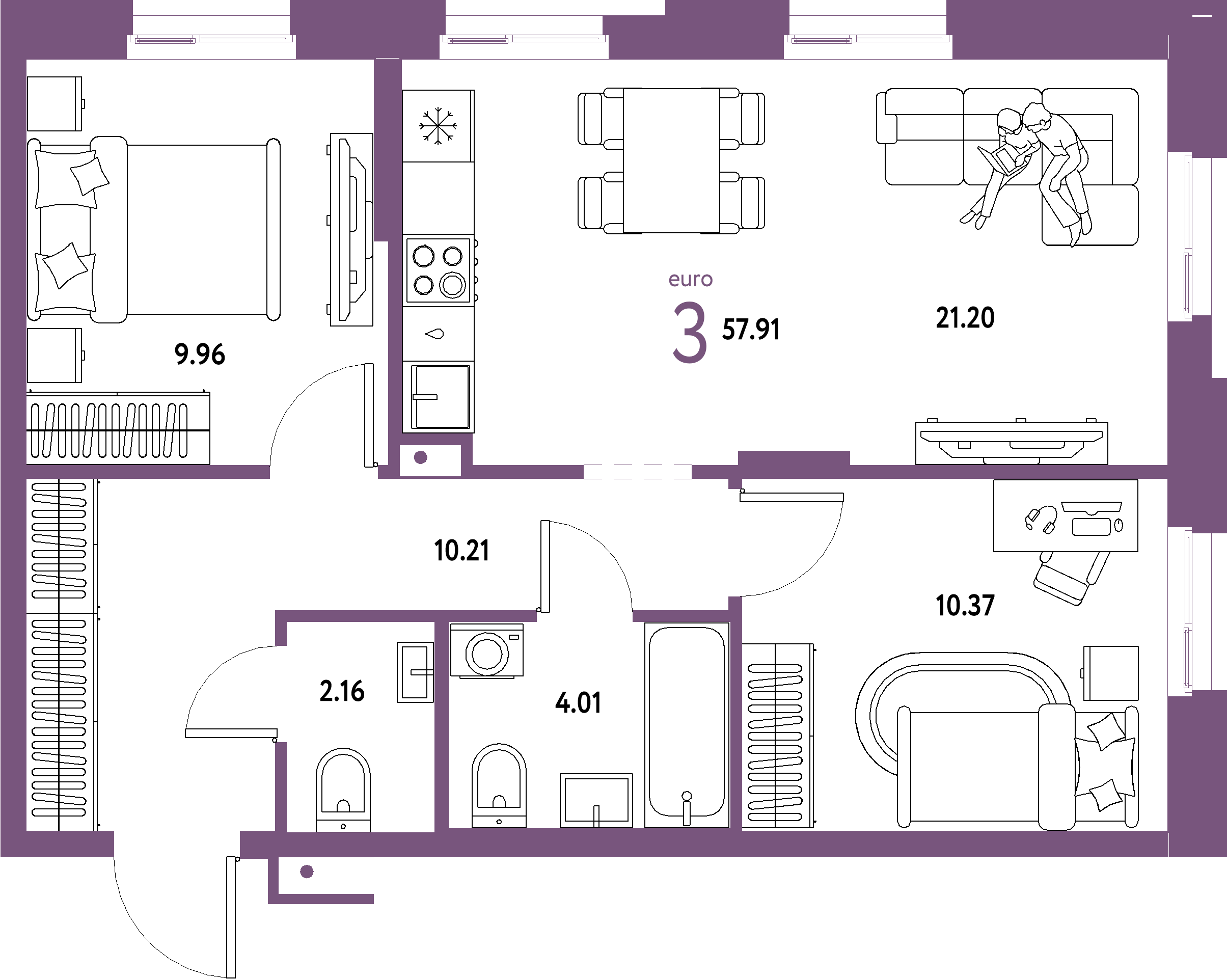 Планировка: Евротрёшка 57,91 м² в ЖК «Домашний»