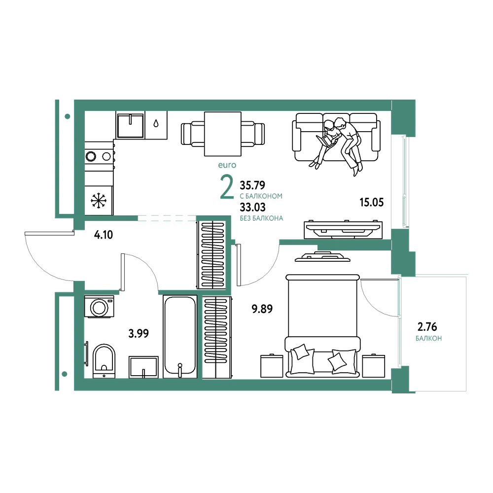 Планировка: Евродвушка 35,79 м²