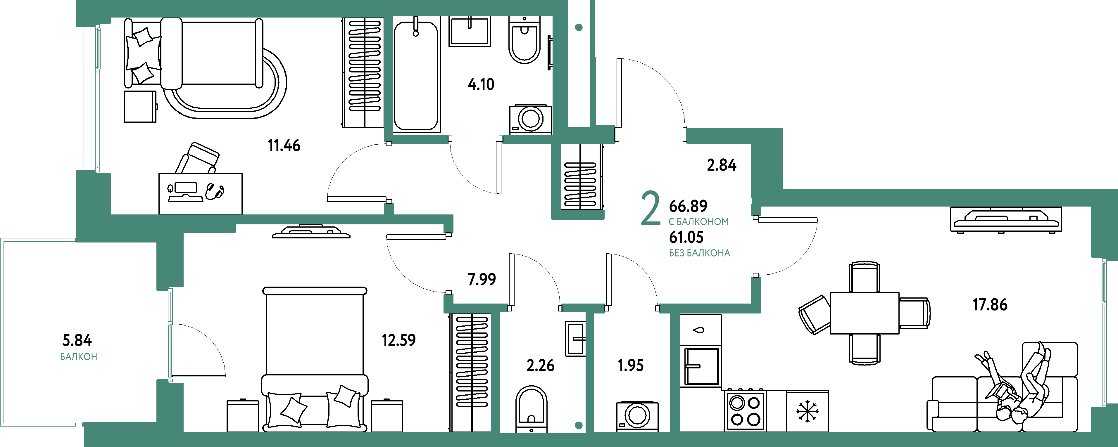 Планировка: 2-комнатная 66,89 м² в ЖК «Домашний»