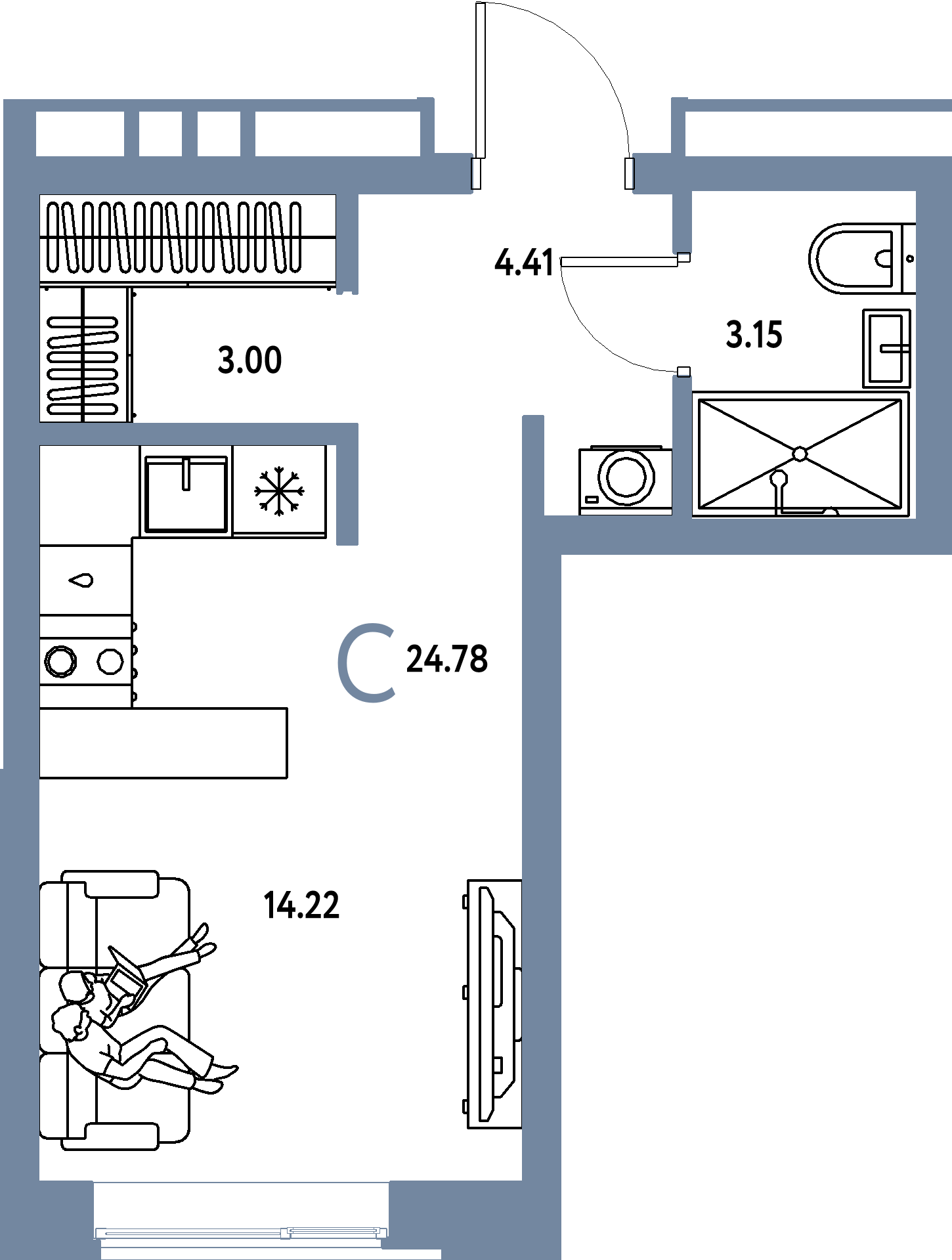 Планировка: Студия 24,78 м² в ЖК «Домашний»
