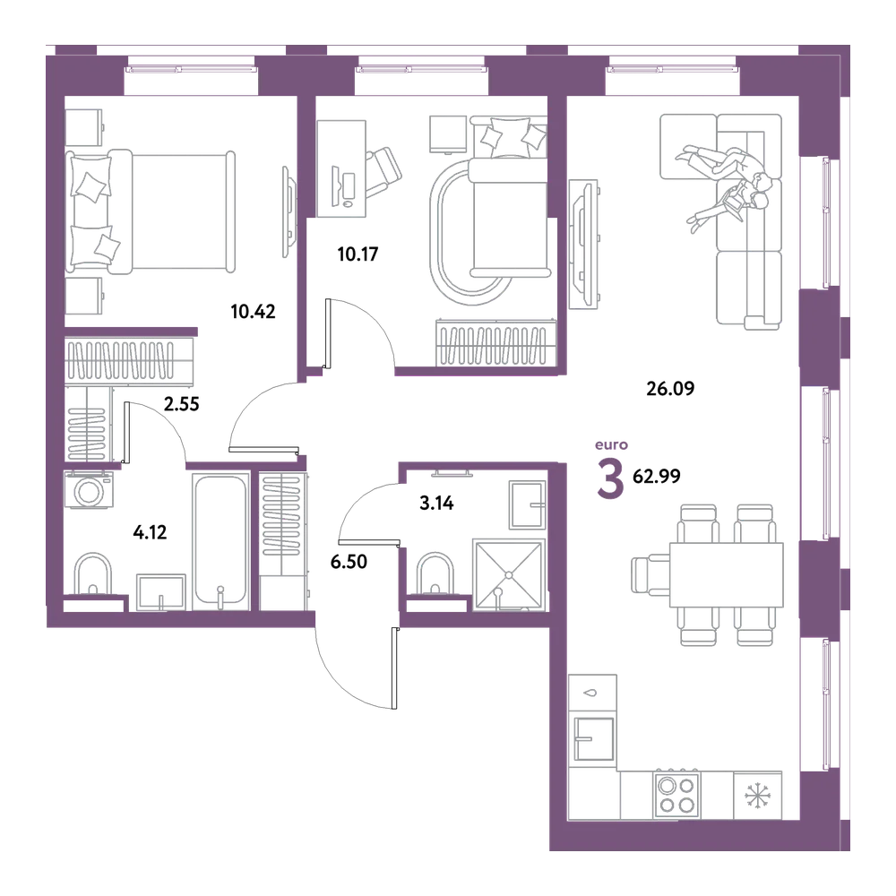Планировка: Евротрёшка 62,99 м²