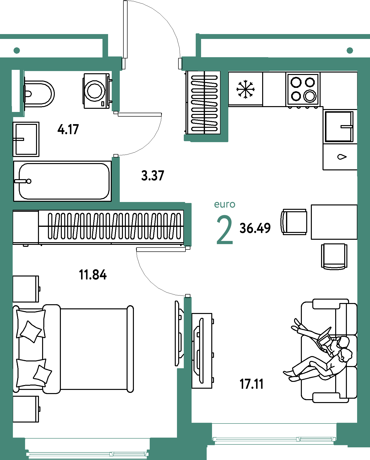 Планировка: Евродвушка 36,49 м² в ЖК «Страна.Прибрежная»
