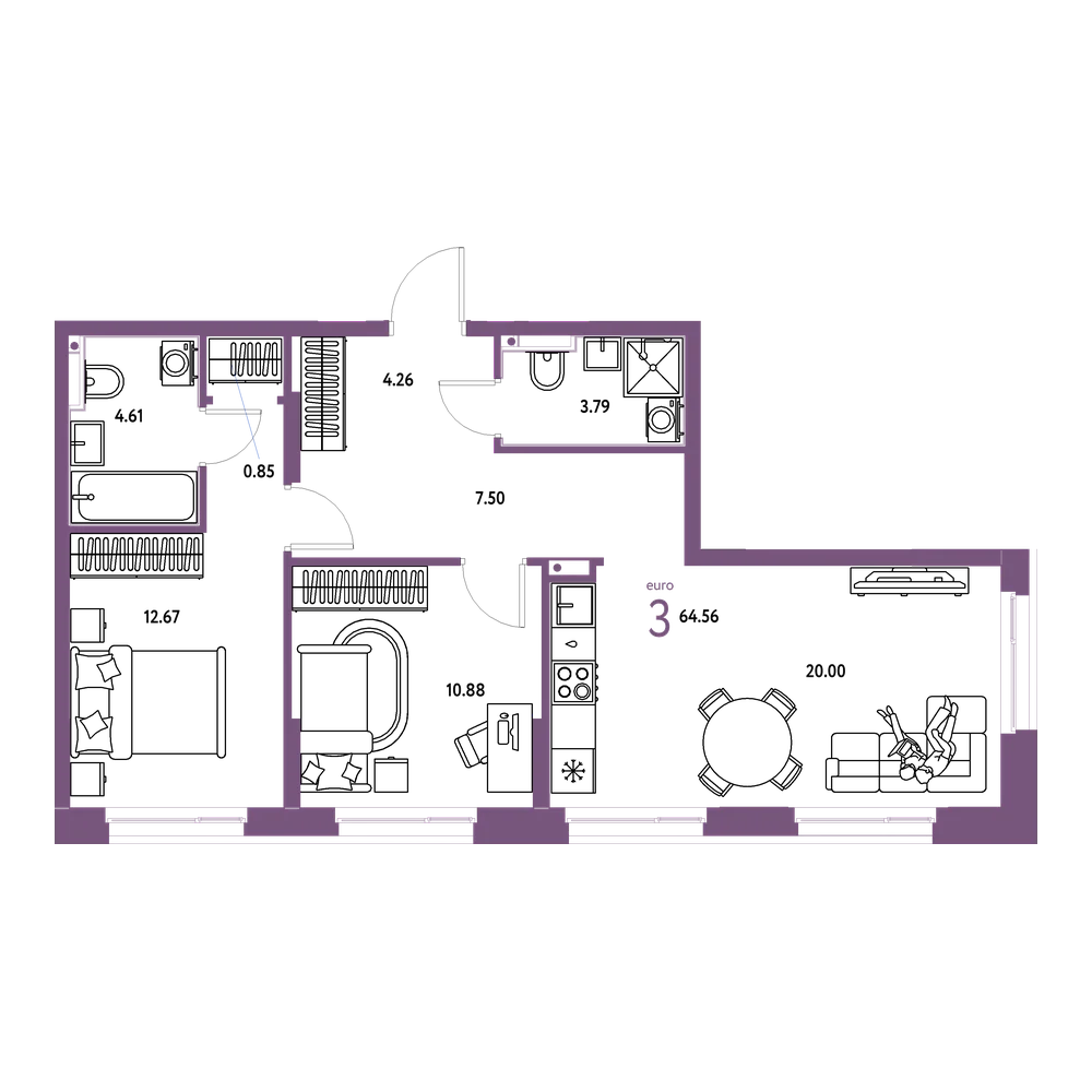 Планировка: Евротрёшка 64,67 м²