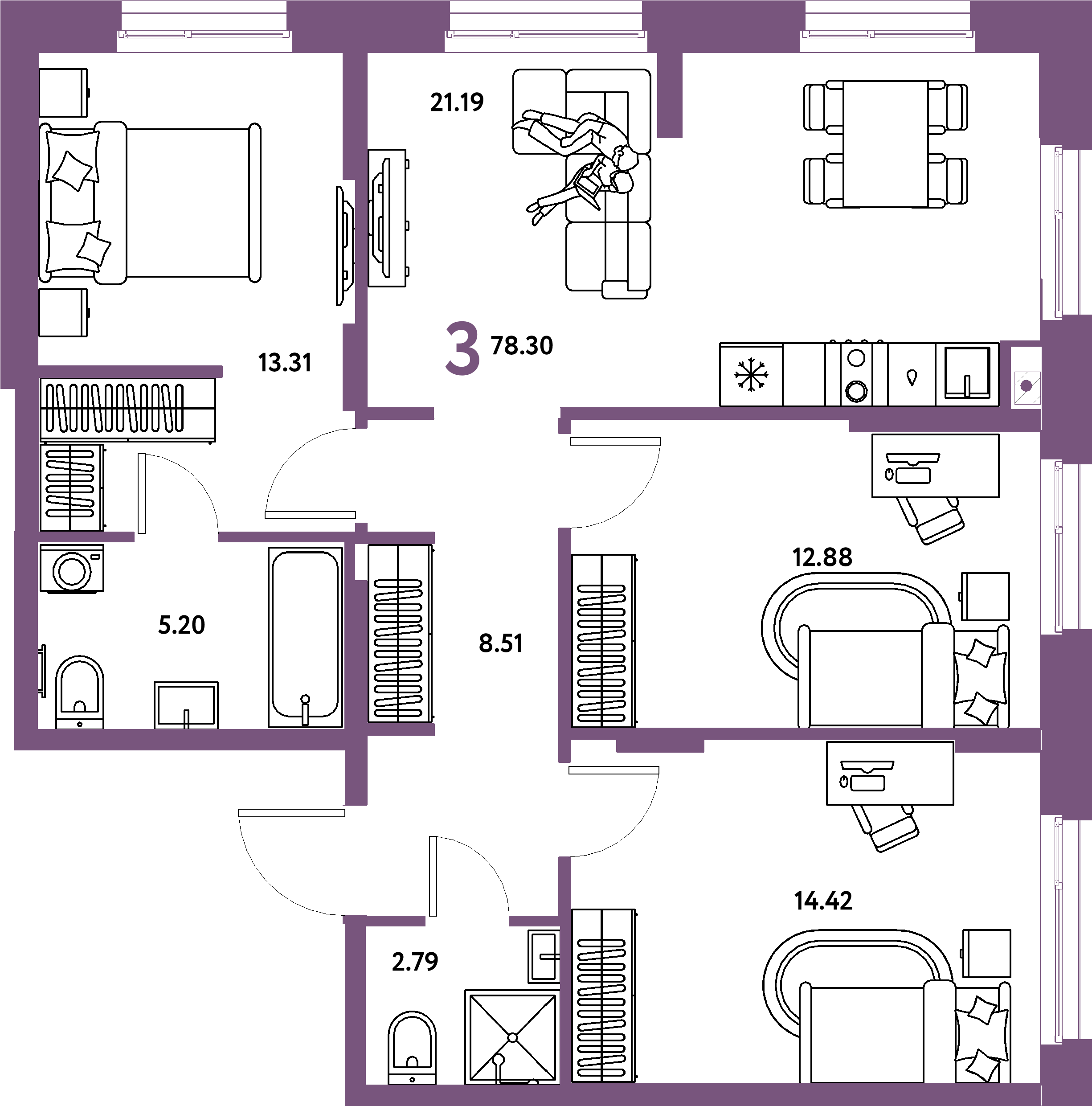 Планировка: 3-комнатная 78,3 м² в ЖК «Европейский берег 2.0»