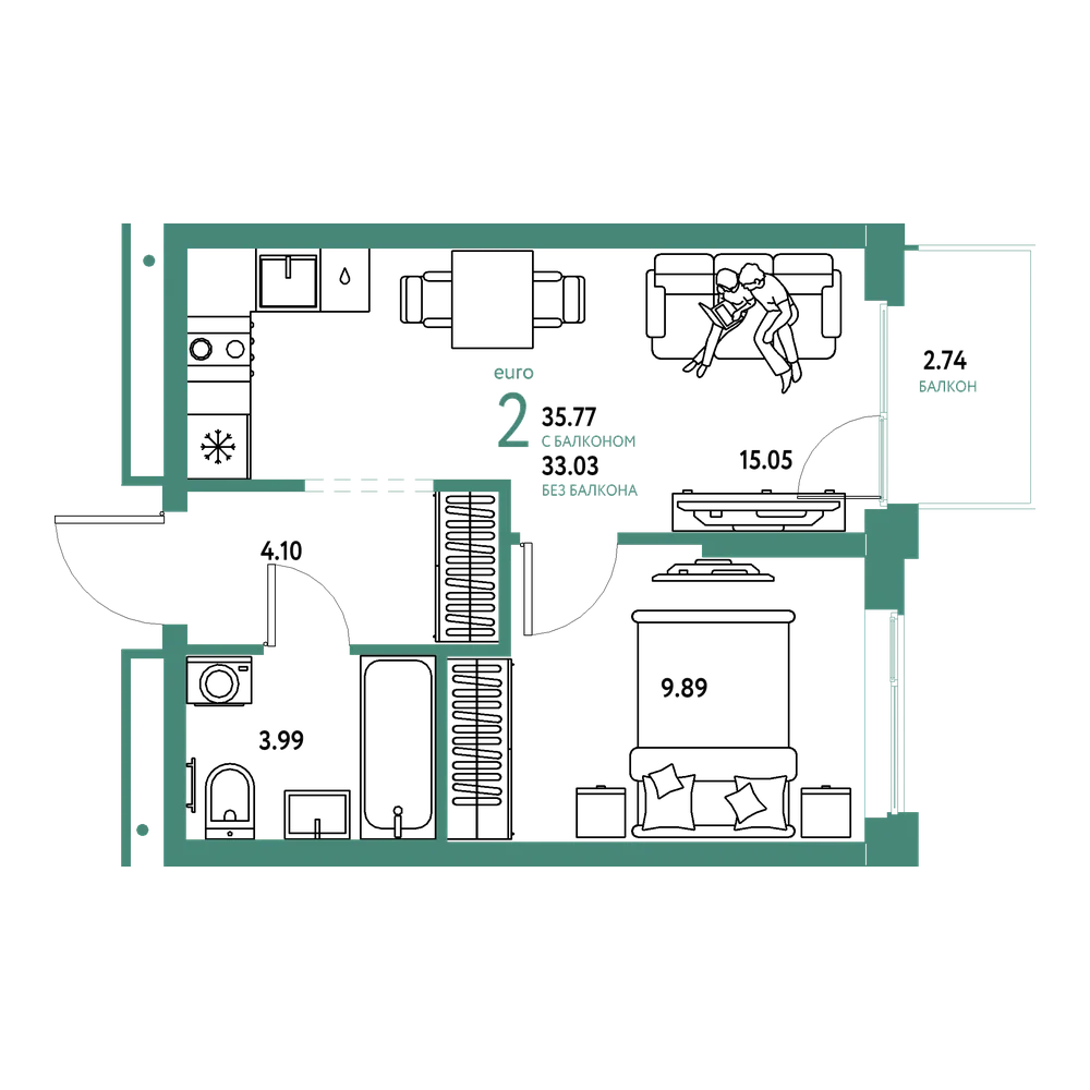 Планировка: Евродвушка 35,77 м²