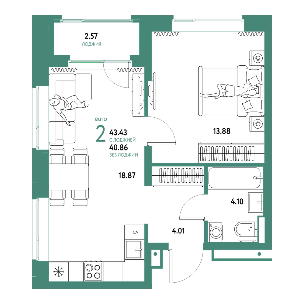Планировка: Евродвушка 43,43 м²