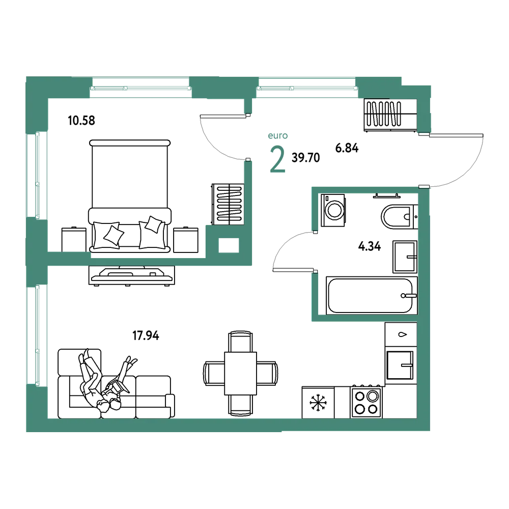 Планировка: Евродвушка 39,7 м²