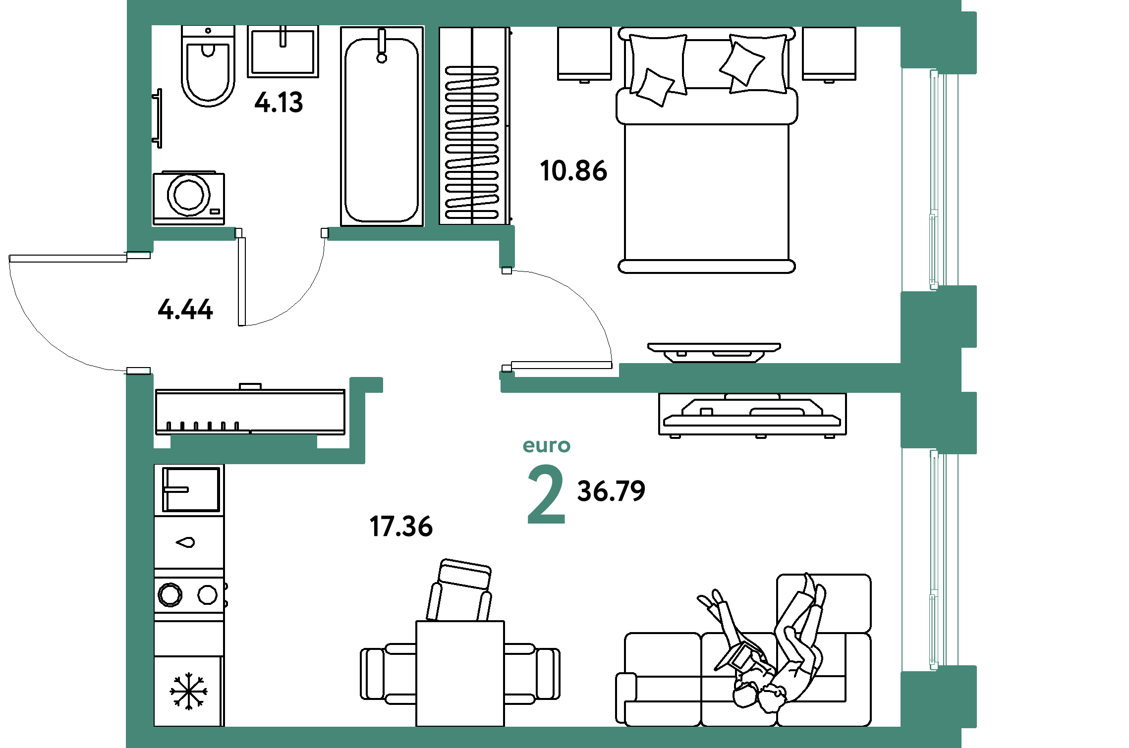 Планировка: Евродвушка 36,79 м² в ЖК «Европейский берег 2.0»