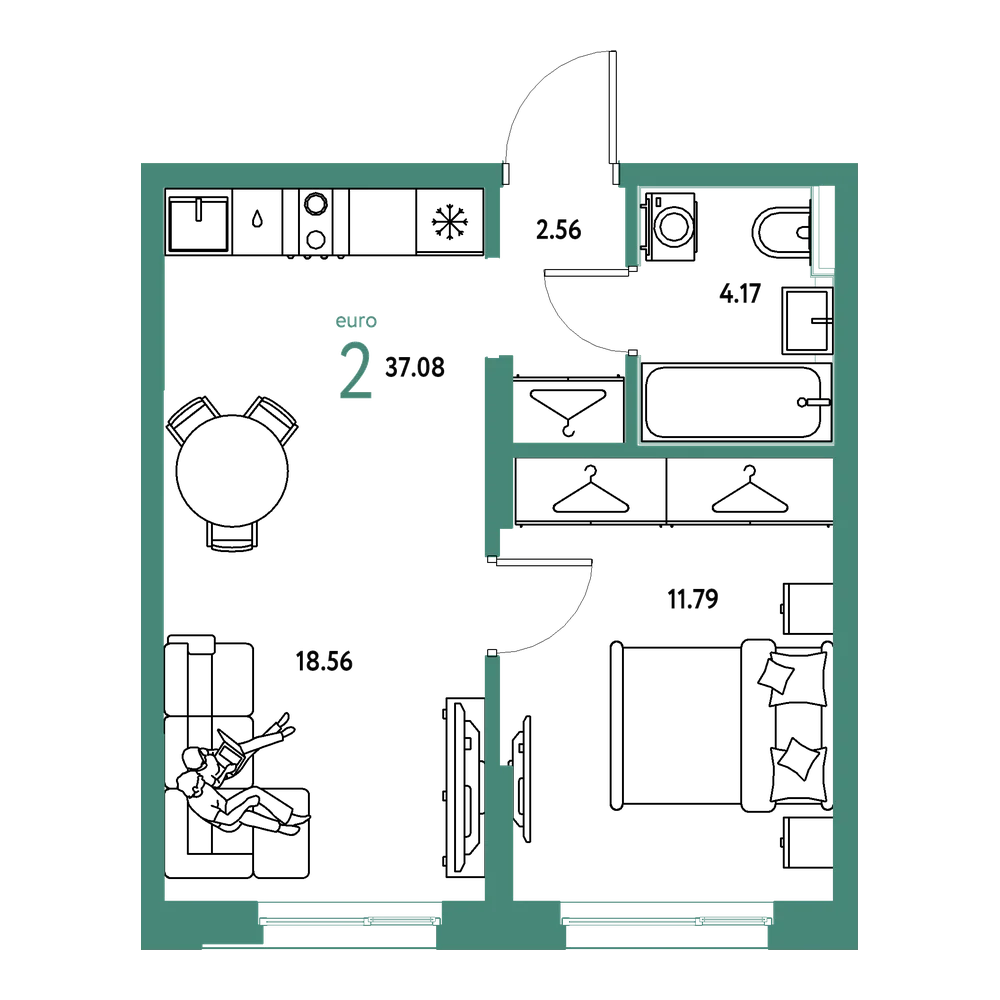 Планировка: Евродвушка 37,08 м²