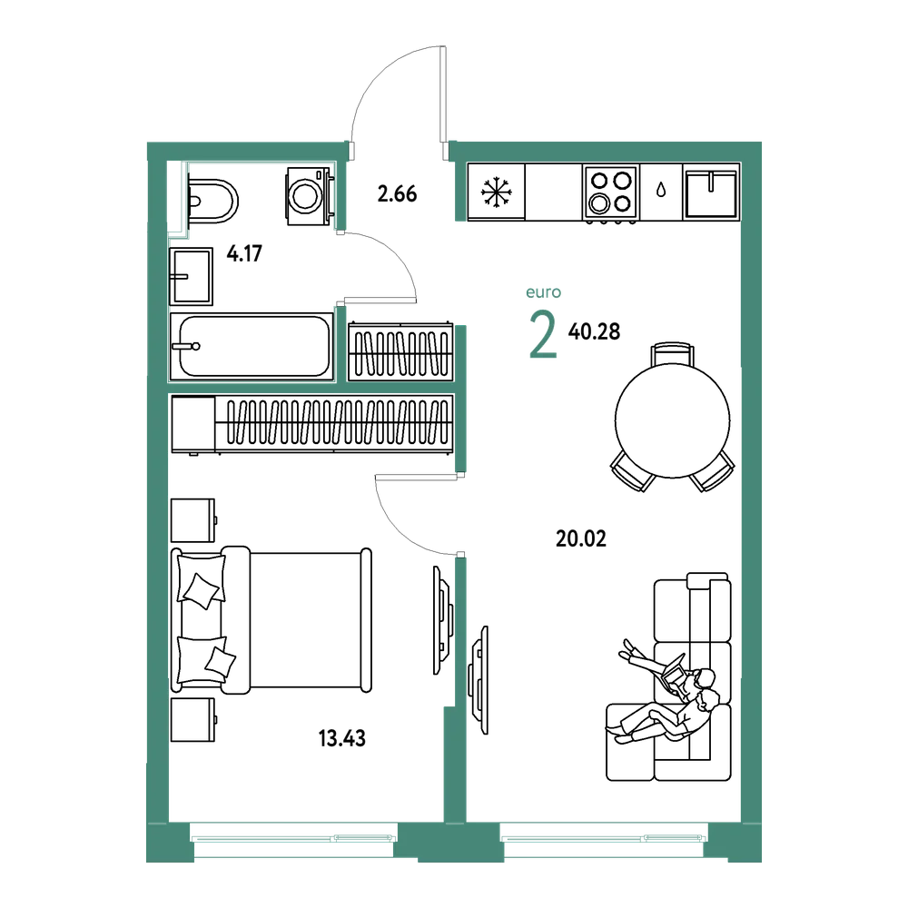 Планировка: Евродвушка 40,28 м²