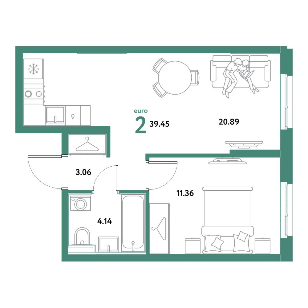 Планировка: Евродвушка 39,45 м²