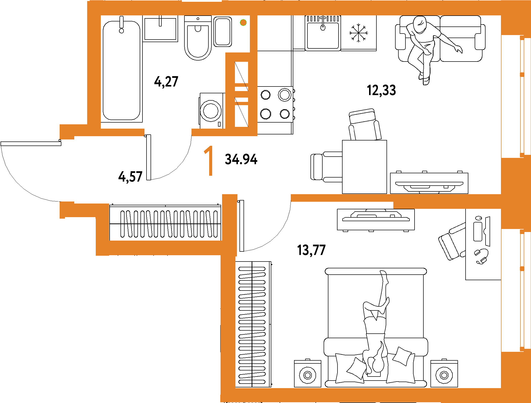 Планировка: 1-комнатная 34,94 м² в ЖК «Авторский»
