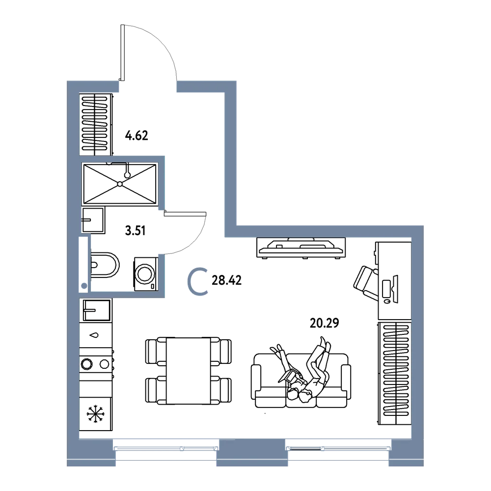 Планировка: Студия 28,42 м²