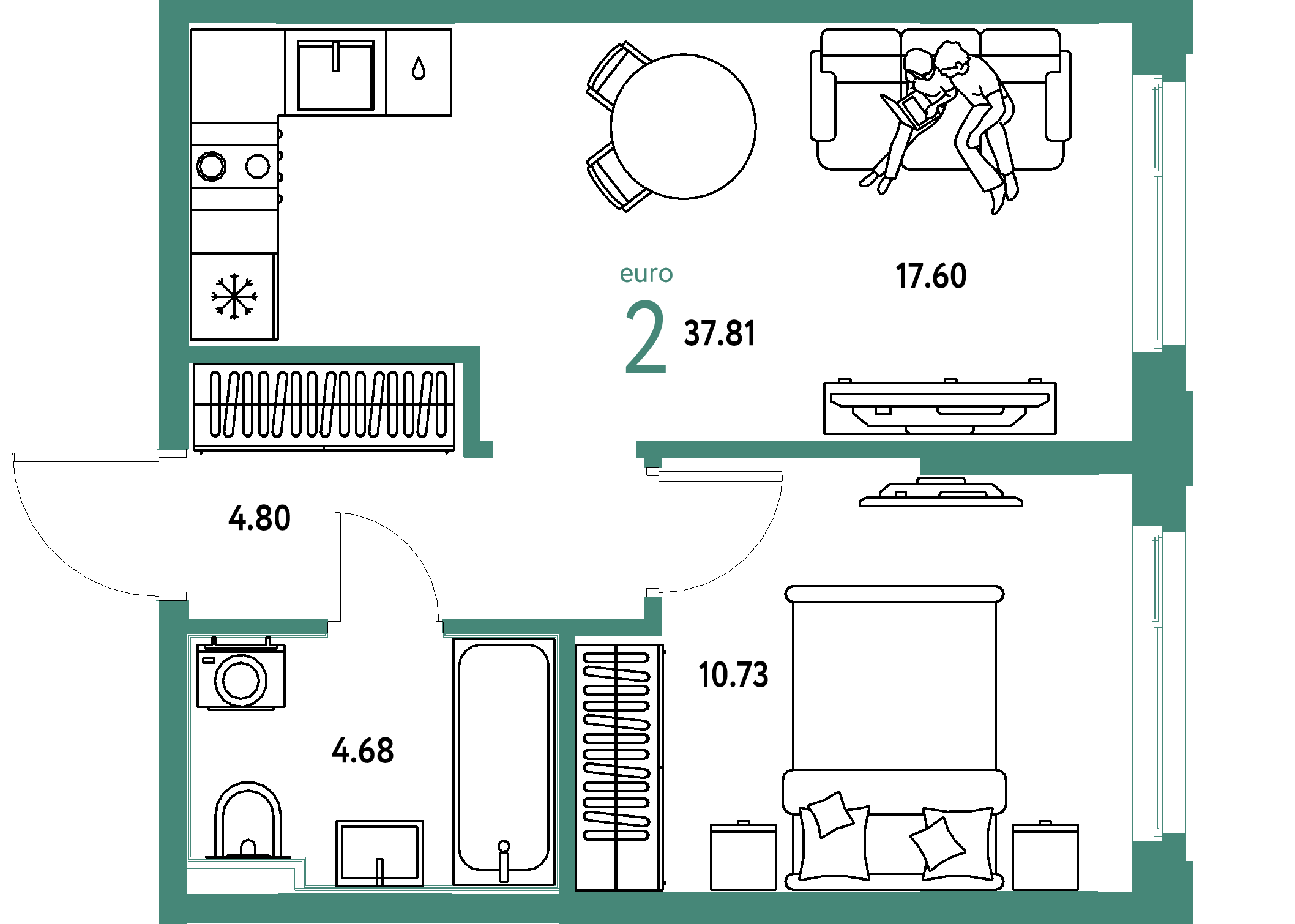 Планировка: Евродвушка 37,81 м² в ЖК «Сердце Сибири»
