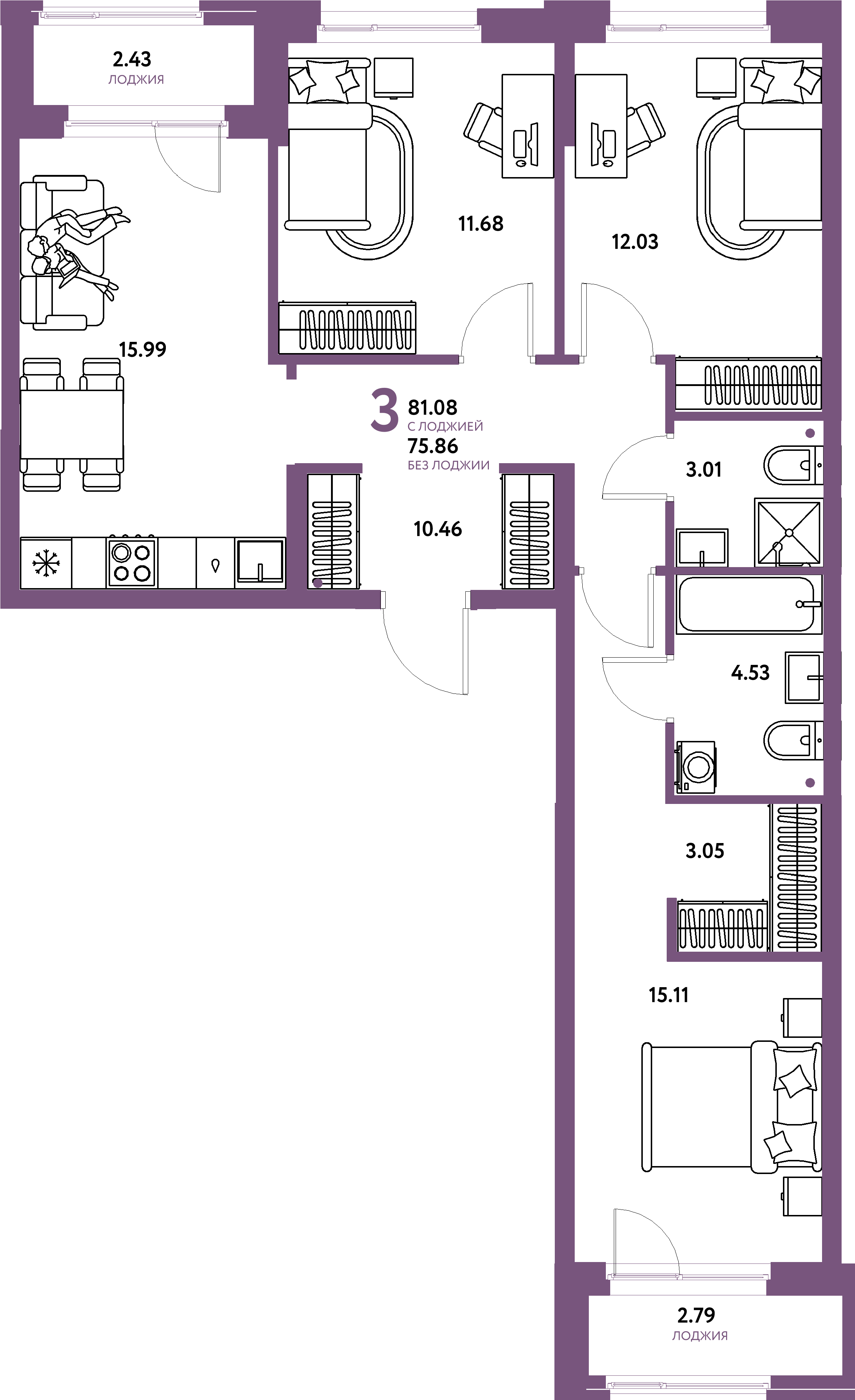 Планировка: 3-комнатная 81,08 м² в ЖК «Европейский берег 2.0»