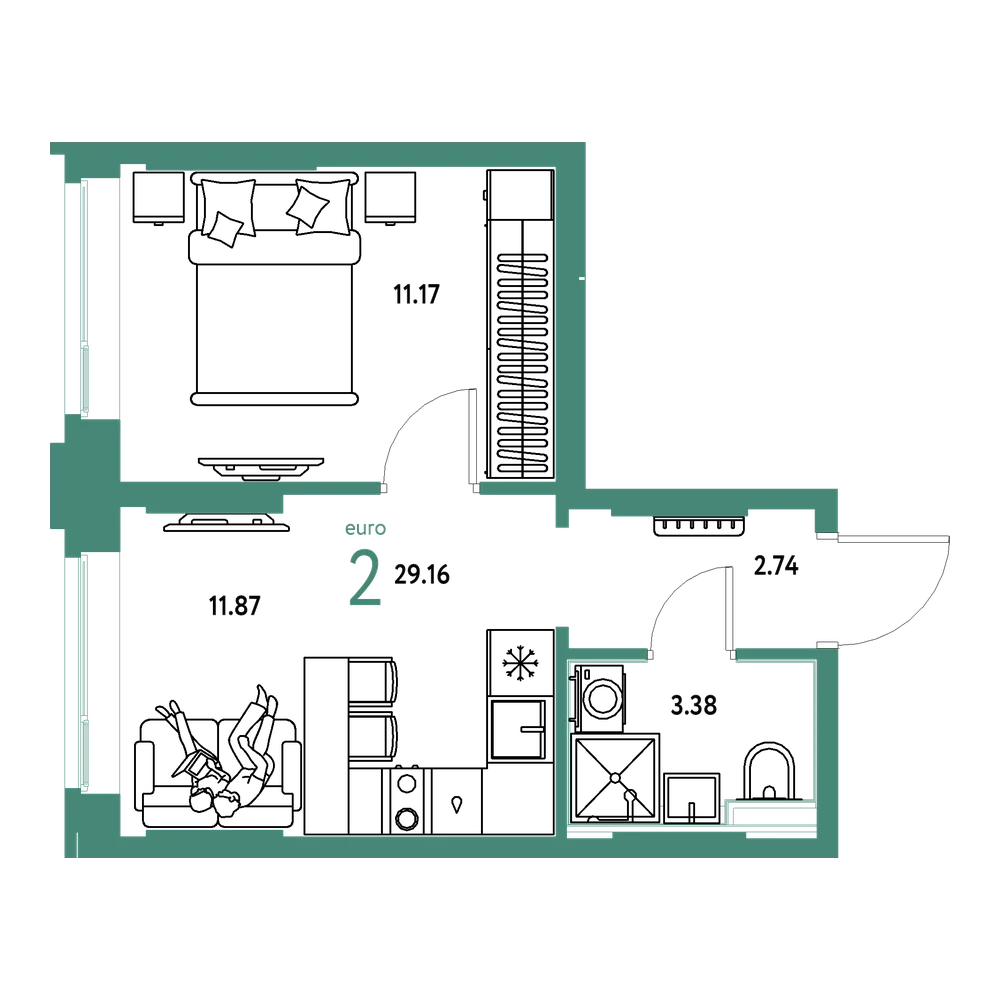 Планировка: Евродвушка 29,16 м²