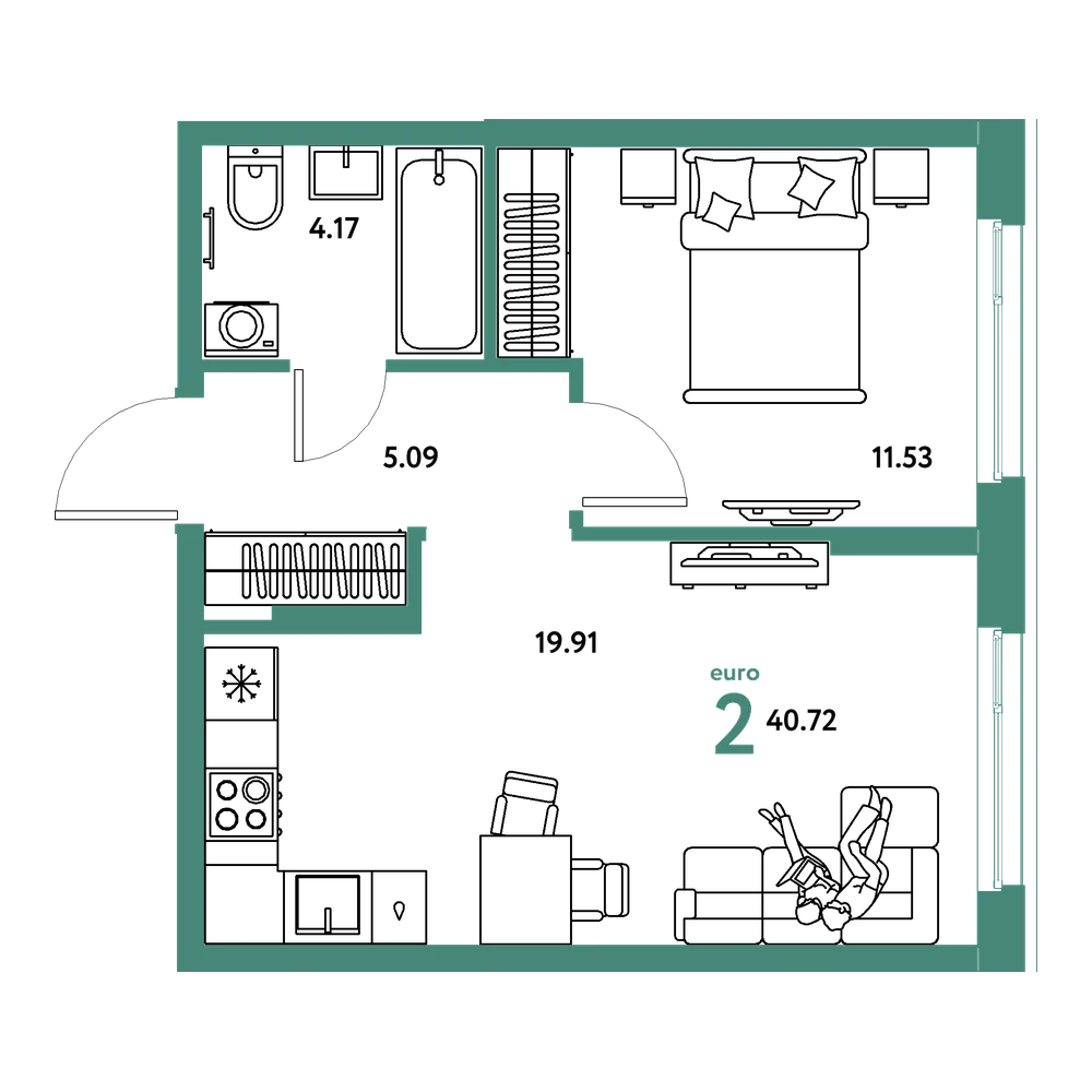 Планировка: Евродвушка 40,72 м²