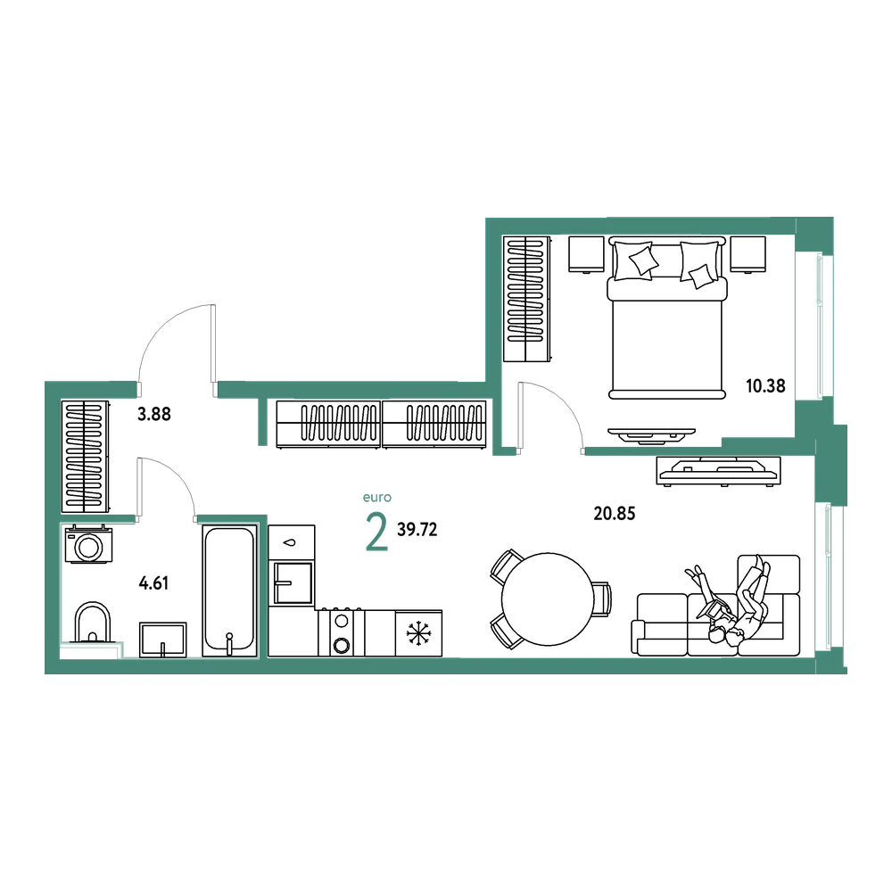 Планировка: Евродвушка 39,72 м²