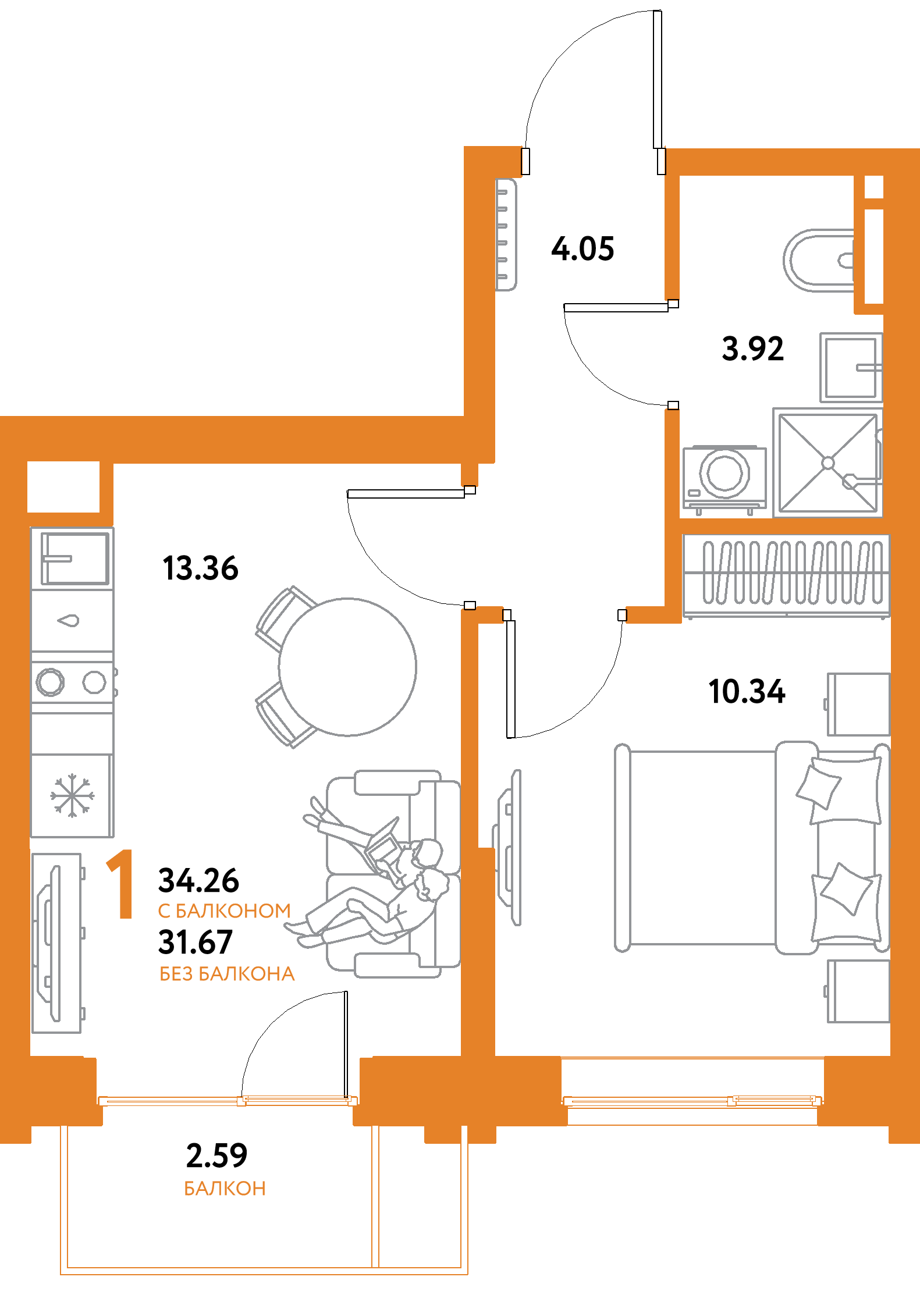 Планировка: 1-комнатная 34,26 м² в ЖК «Остров-сад»