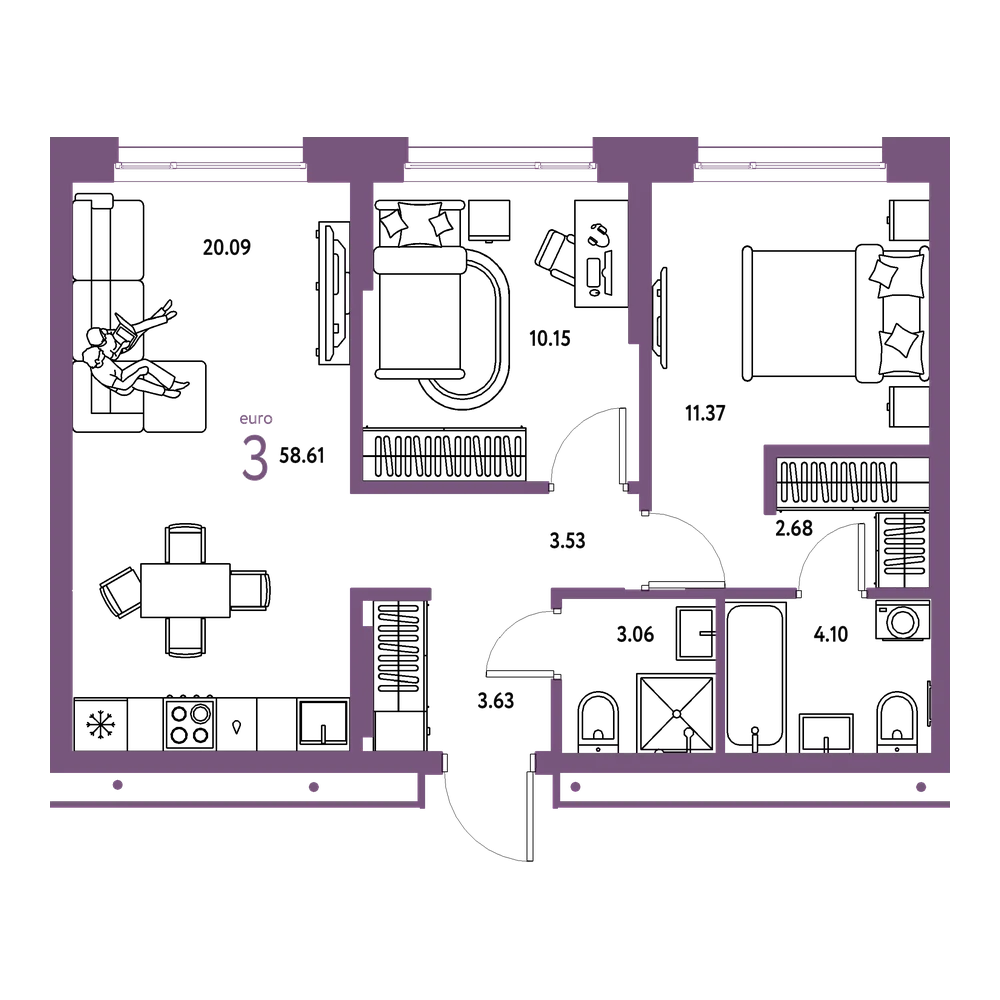 Планировка: Евротрёшка 58,61 м²