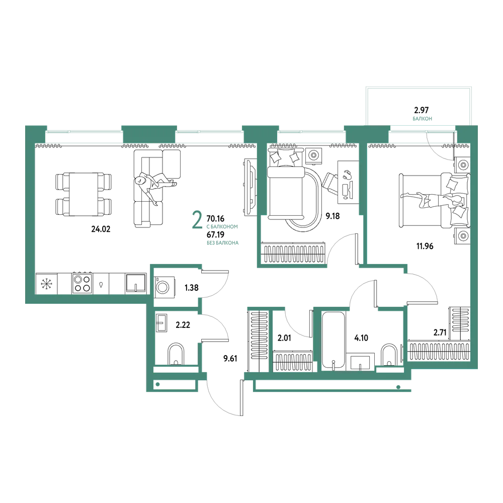 Планировка: Евротрёшка 70,16 м²